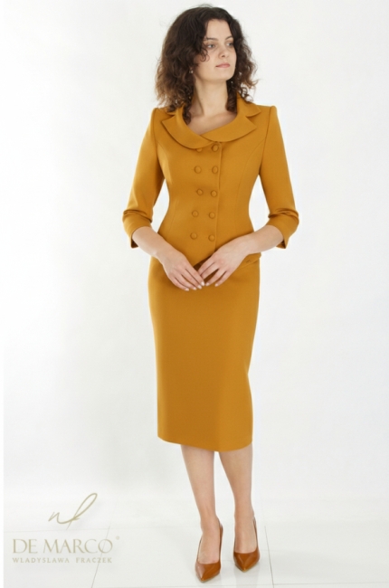 Nowoczesna garsonka damska wizytowa w kolorze ugier (złota ochra) Szyjemy w Małopolsce De Marco